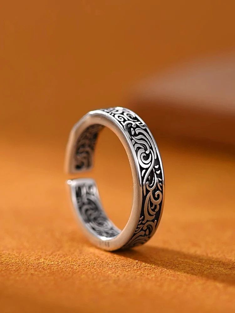 Jewelry × Vintage Silver Retro Tang Grass Pattern Ring Vintage Style Size ONE SIZE - 5 Thumbnail