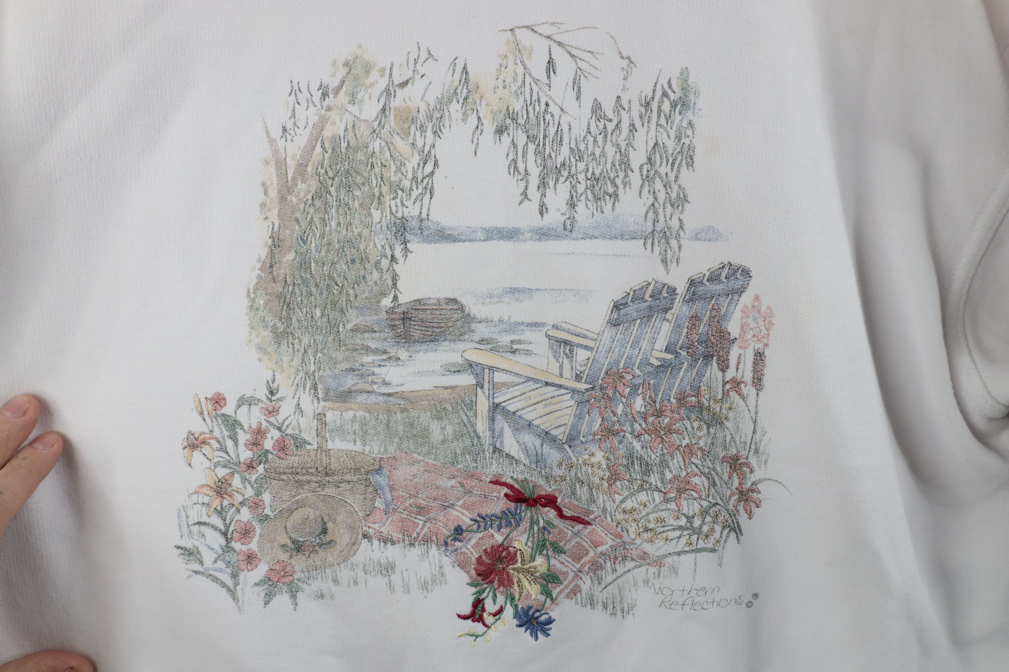 Vintage Vintage 90s Streetwear Cabin Flower Nature Sweatshirt White Size L / US 10 / IT 46 - 4 Thumbnail