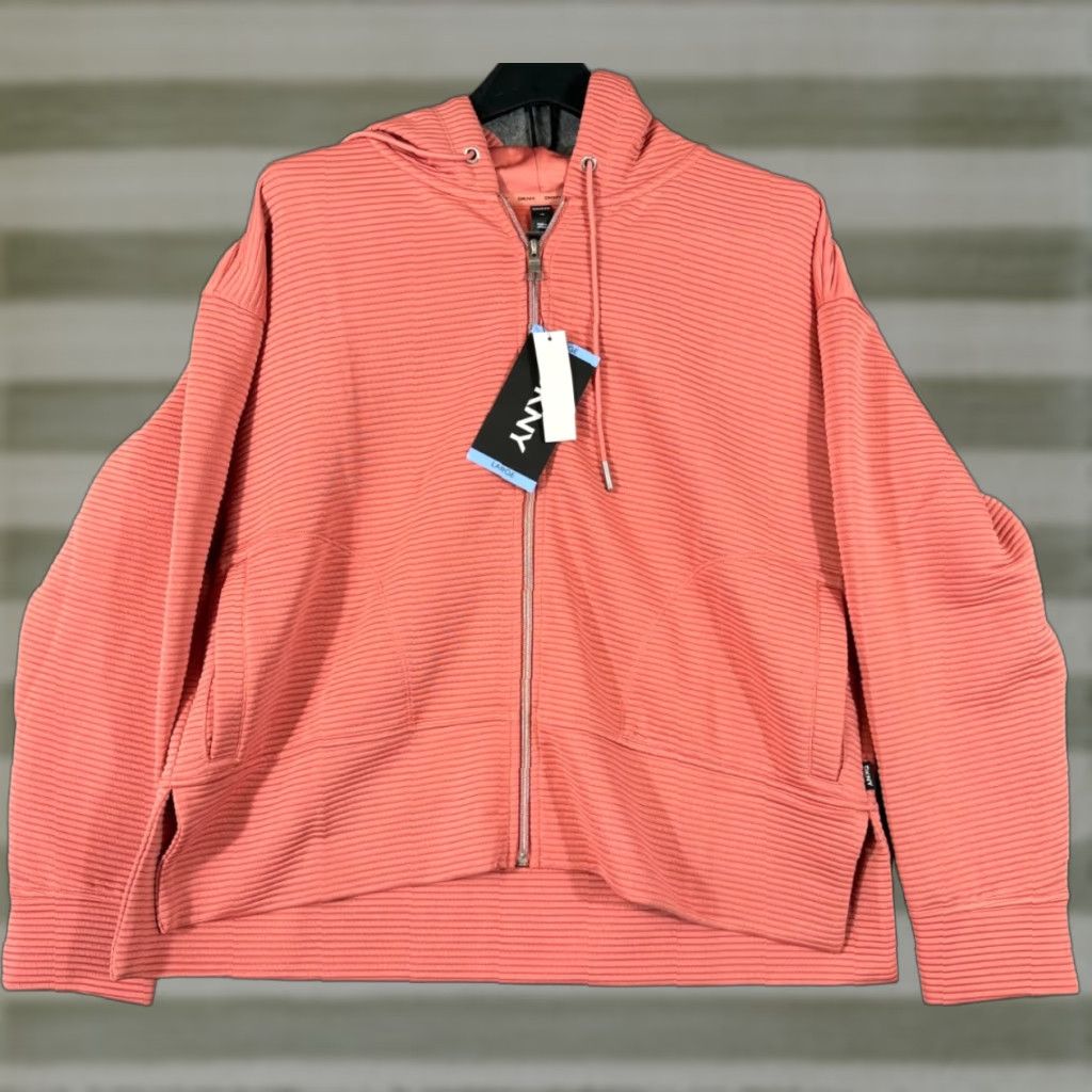 DKNY DKNY Ottoman Full-Zip Hoodie Womens L Faded Rose Ribbed Stretch Pockets NWT Size L / US 10 / IT 46 - 1 Thumbnail