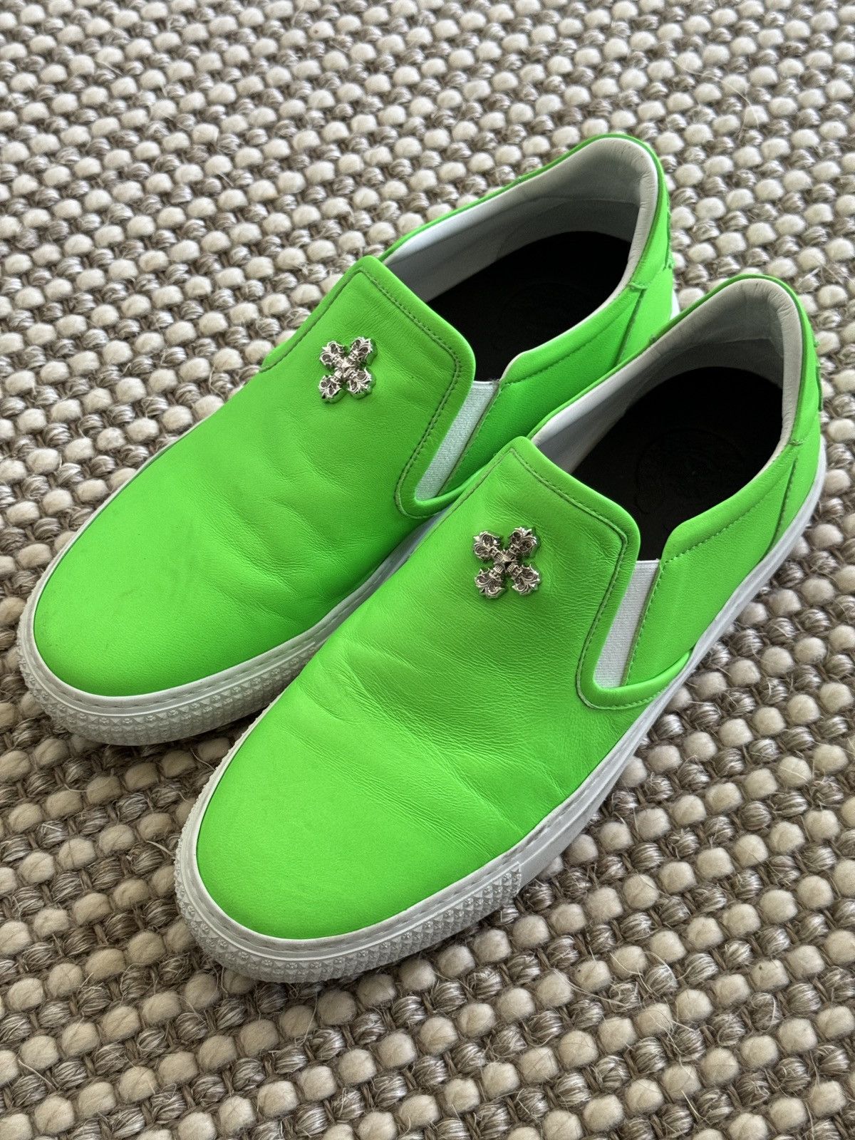 image of Chrome Hearts Neon Green Filigree Cross Slip On Shoes, Men's (Size 7)