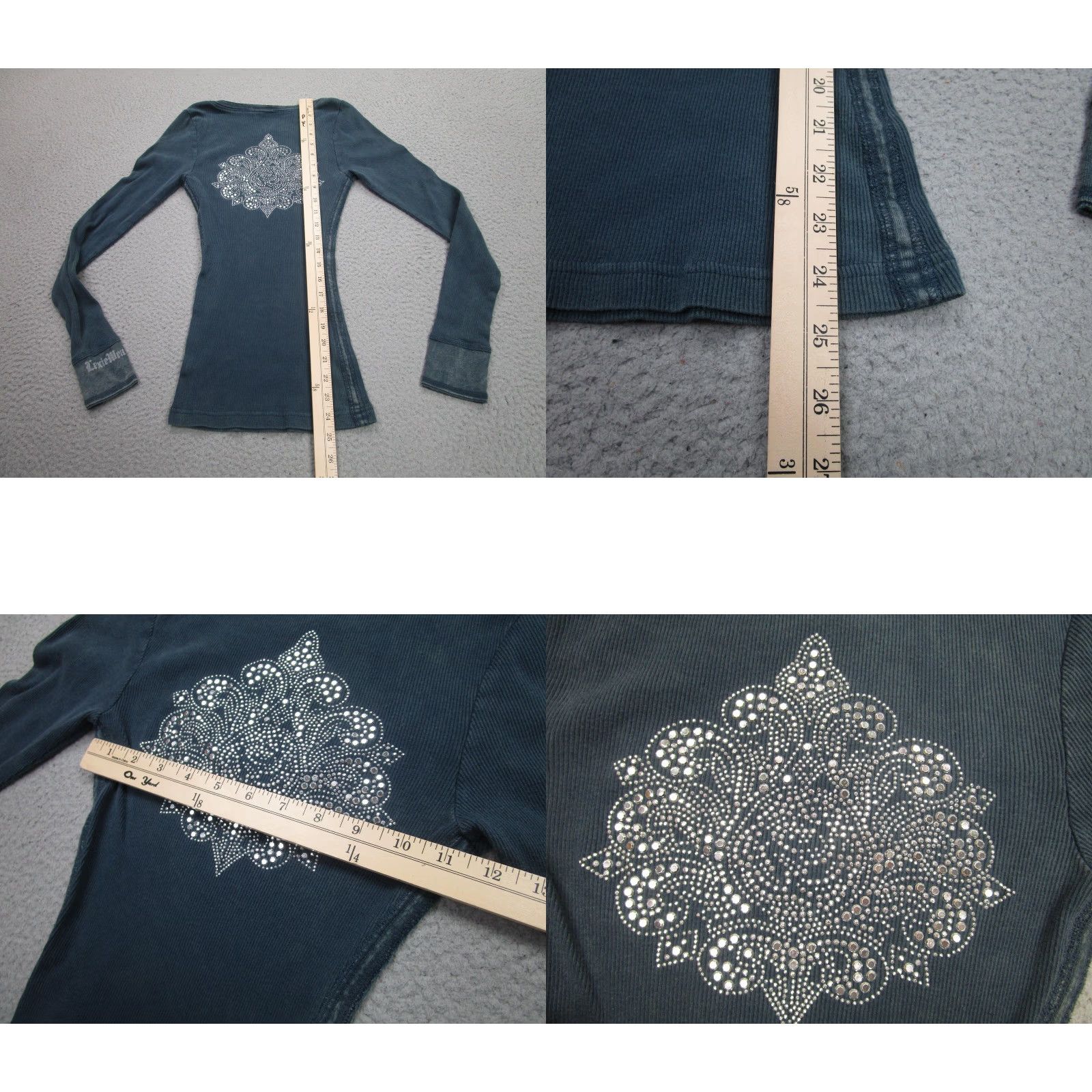 Vintage Y2k Thermal Shirt Womens M Blue Ribbed Fitted Long Sleeve Rhinestone Bella Fairy T-Shirt Slim 100% Cotton V-Neck Womens Size M / US 6-8 / IT 42-44 - 8 Thumbnail