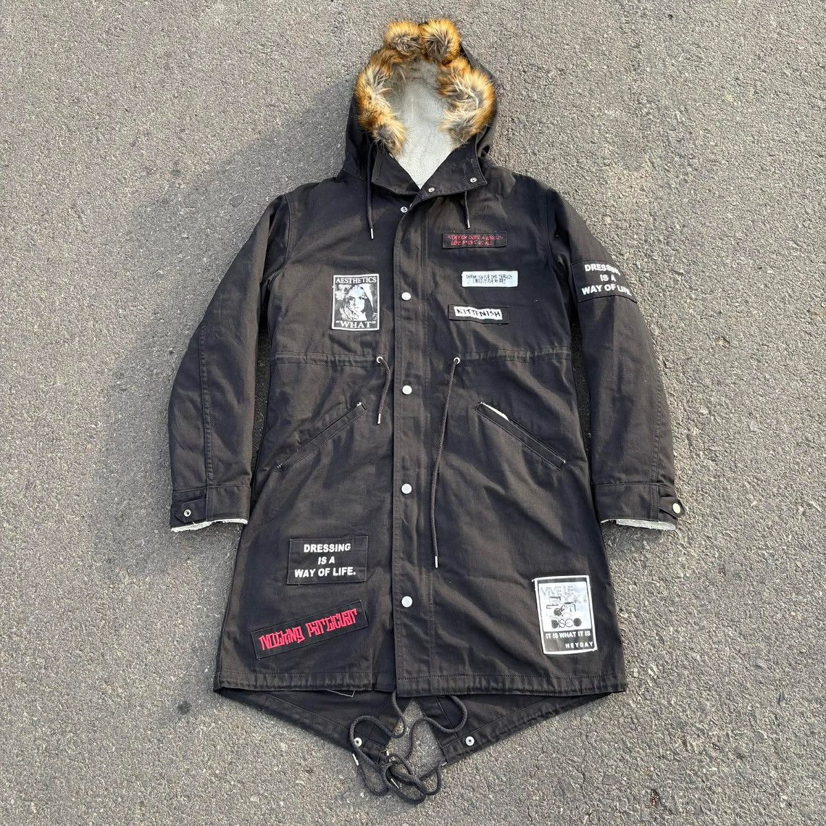 Japanese Brand RINGS Black Patchwork Fishtail Parka Jacket Fur Hood Y2K Size US L / EU 52-54 / 3 - 1 Thumbnail