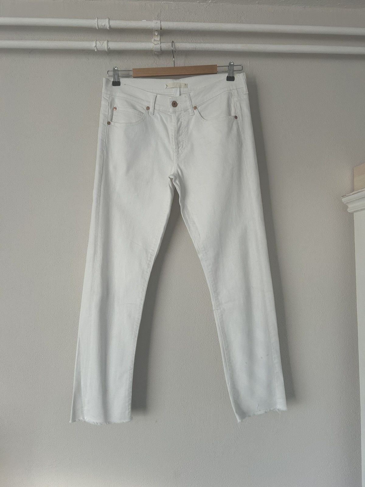 image of Off White Destroyed Hem Diagonal Print White Denim Jeans, Men's (Size 31)