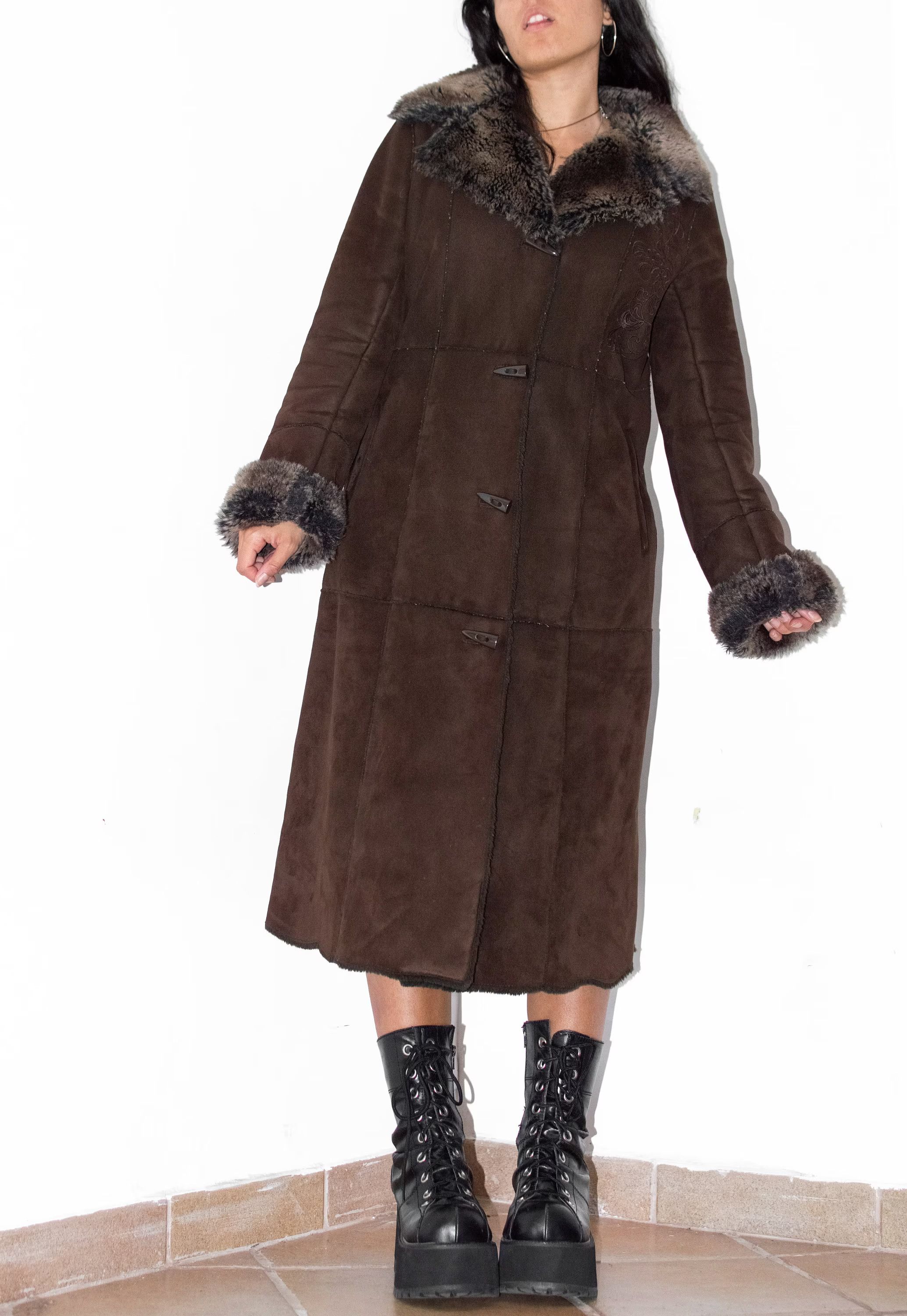 Designer × Japanese Brand × Vintage Embroidery Long Faux Fur Coat - Y2k Brown Fur Trimmed Coat Size L / US 10 / IT 46 - 4 Thumbnail