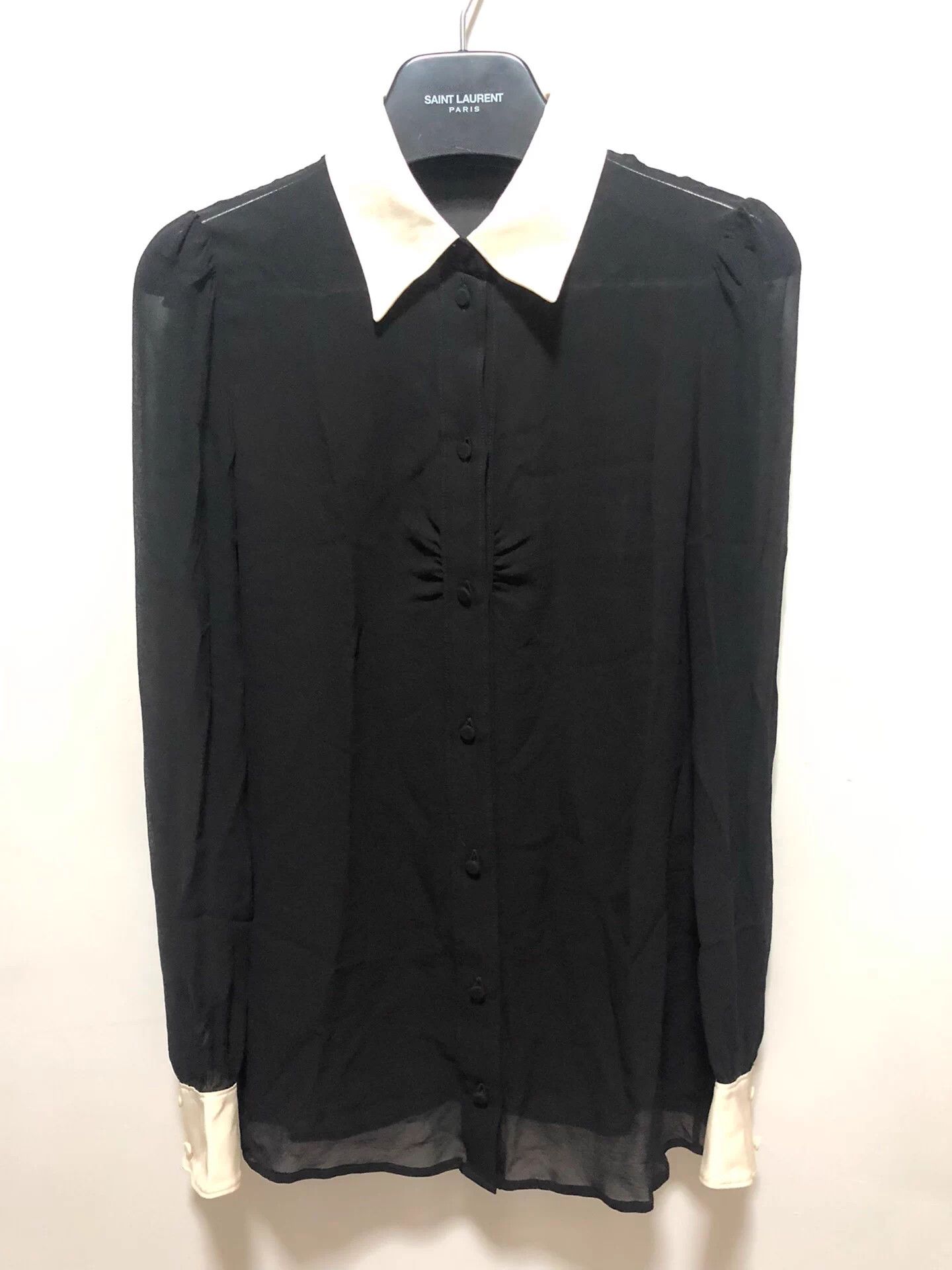 Saint Laurent Paris Saint Laurent SLP Black White Peak Collar Silk Sheer Shirt Size XS / US 0-2 / IT 36-38 - 1 Thumbnail