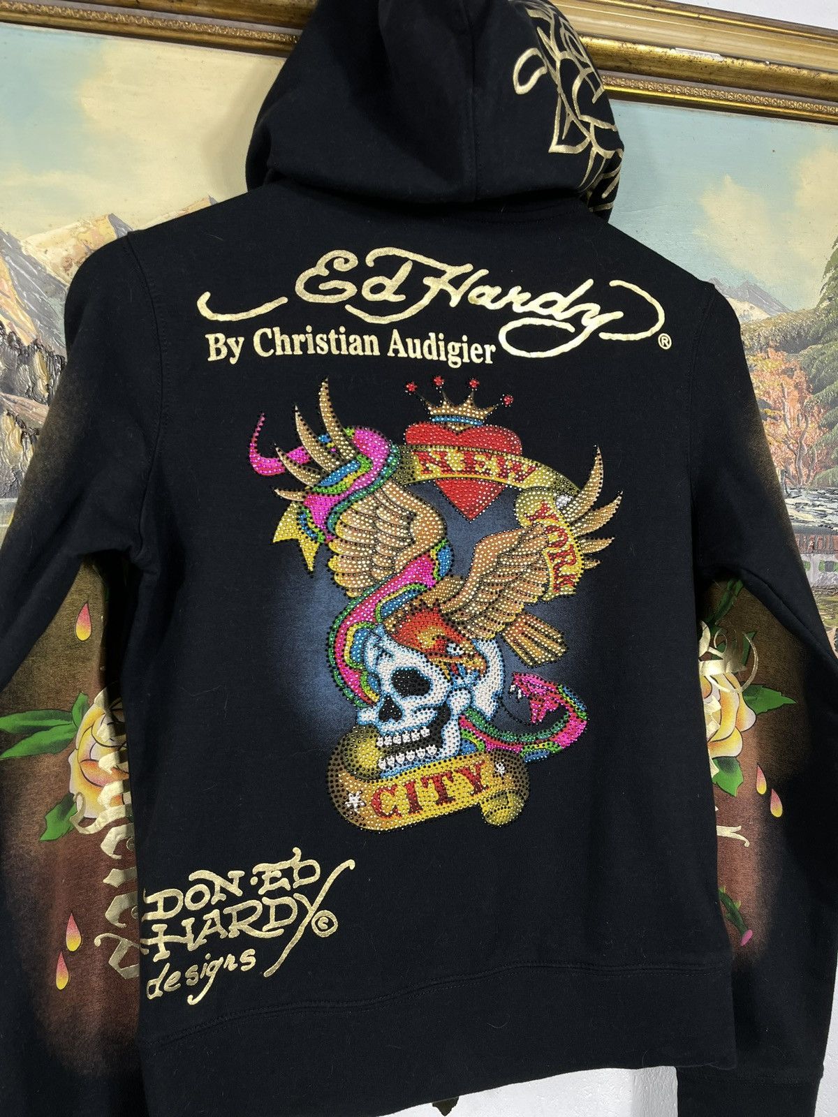 Christian Audigier × Ed Hardy × Vintage Ed Hardy Retro 00s Hoodie With Crystals Affliction Grunge Size US XS / EU 42 / 0 - 8 Thumbnail