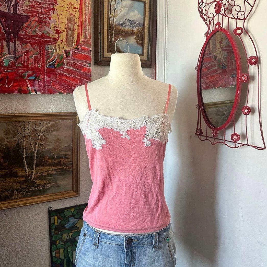 Other moda international pink white lace tank top Size L / US 10 / IT 46 - 1 Thumbnail