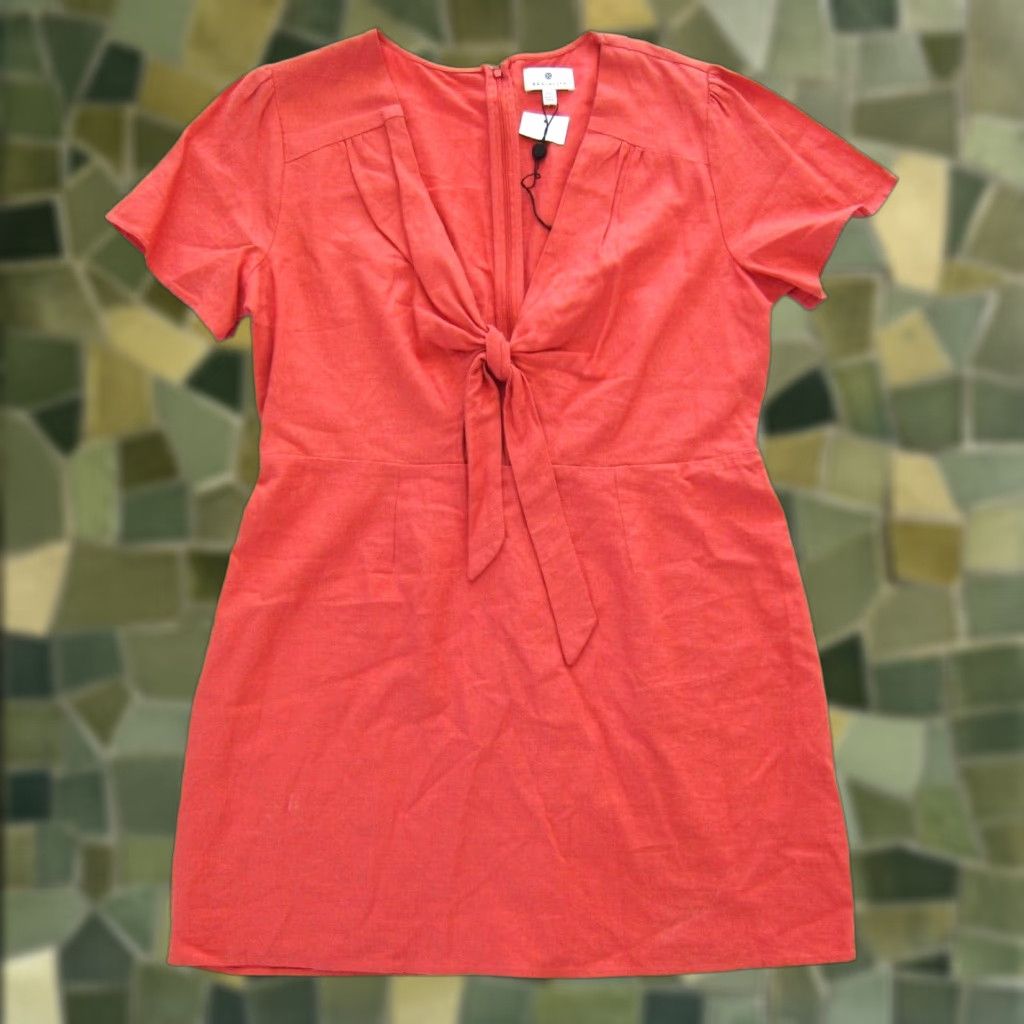 Vintage NWT Socialite Linen Orange Short Sleeve V-Neck Tie Sheath Dress 2XL Womens Size 40" / US 18 - 1 Thumbnail