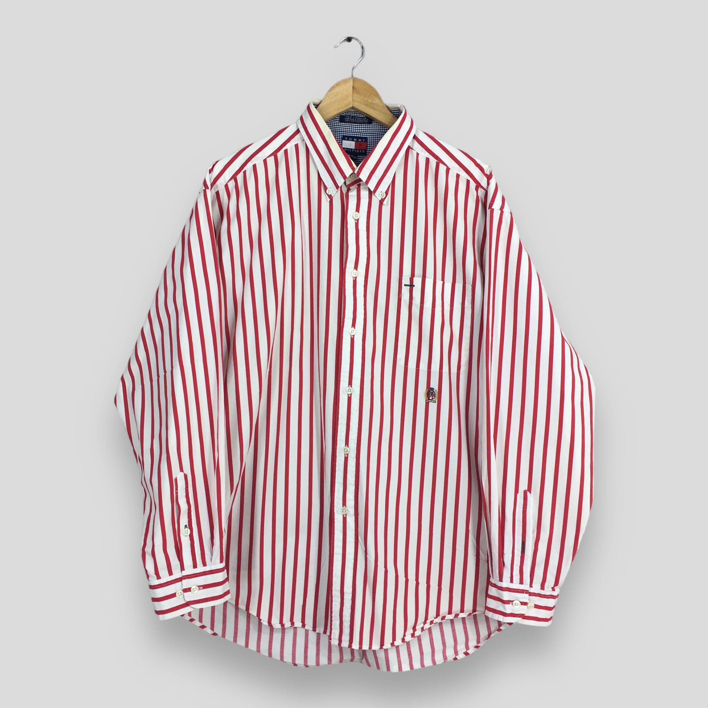 Tommy Hilfiger × Vintage Vintage Tommy Hilfiger Red Stripes Oxfords Button Down XL Size US XL / EU 56 / 4 - 1 Thumbnail