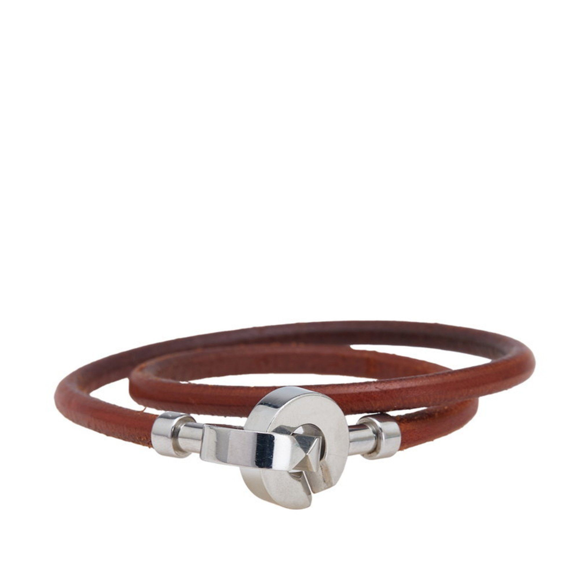 Hermes Hermes Lancelot Bracelet Choker in Brown and Silver Leather Metal for Women Size ONE SIZE - 1 Thumbnail