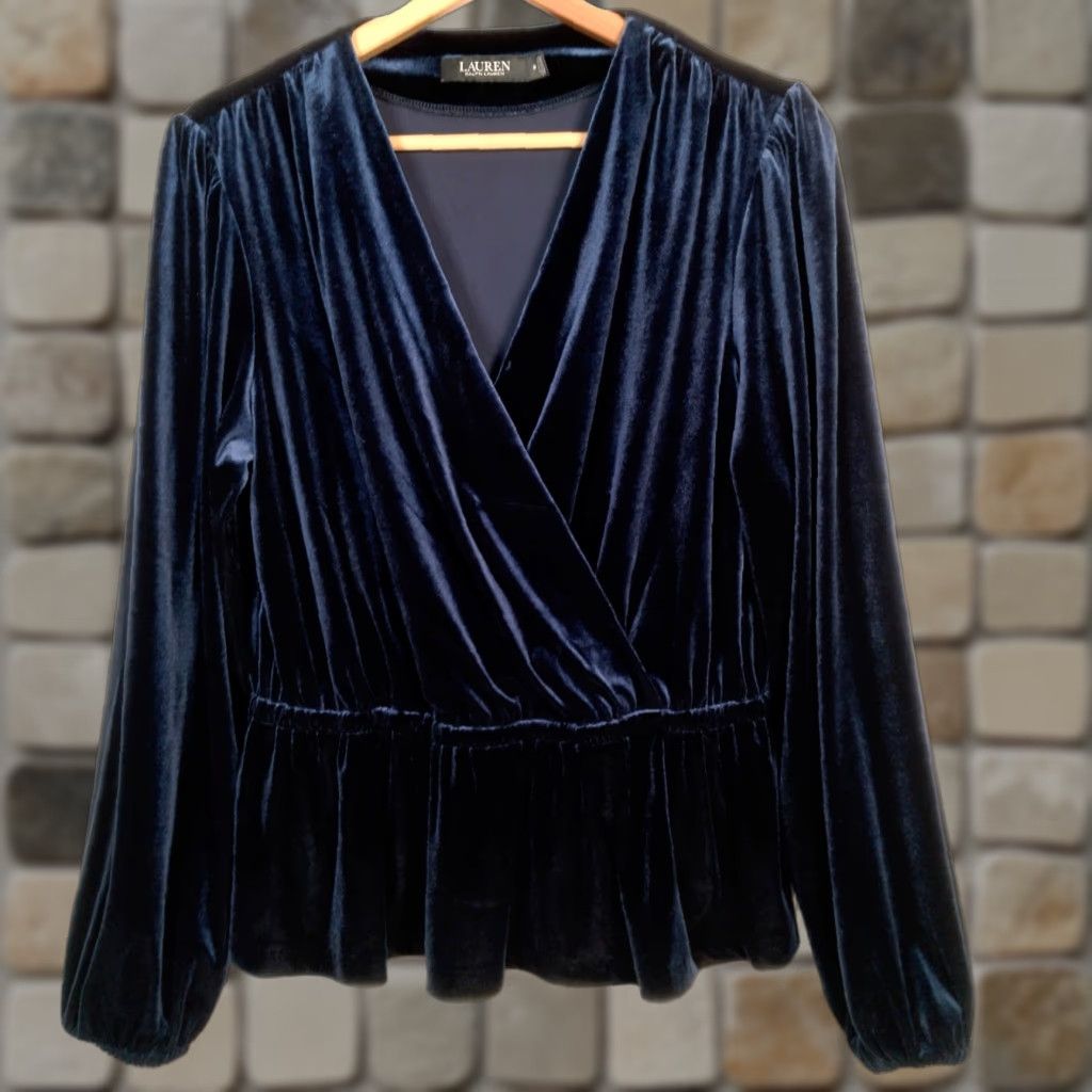 Ralph Lauren Lauren Ralph Lauren Shirt Women Medium Blue Velour Peplum Royal Top Size M / US 6-8 / IT 42-44 - 1 Thumbnail