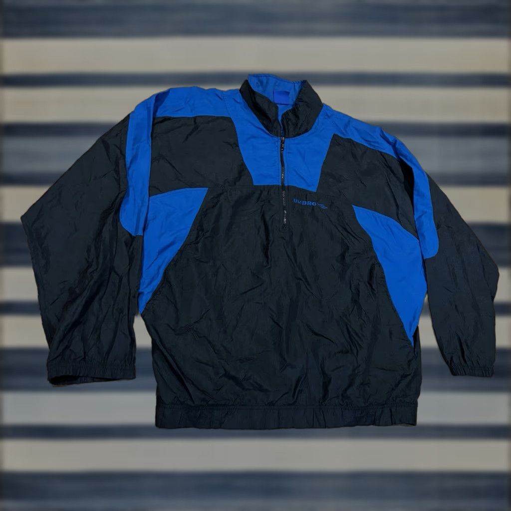 VINTAGE Umbro Windbreaker Jacket Colorblock Black Blue 80s 90s Soccer Size XL Unisex Adults