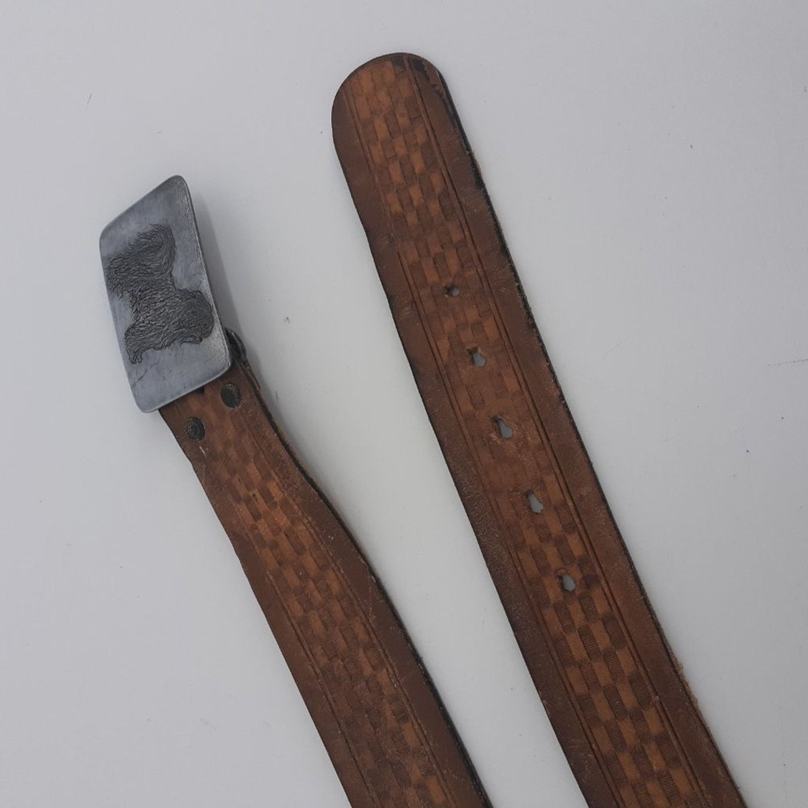Other Men's Tooled Brown Leather Belt Basket Weave Shaggy Dog 34 Size 34 - 6 Thumbnail