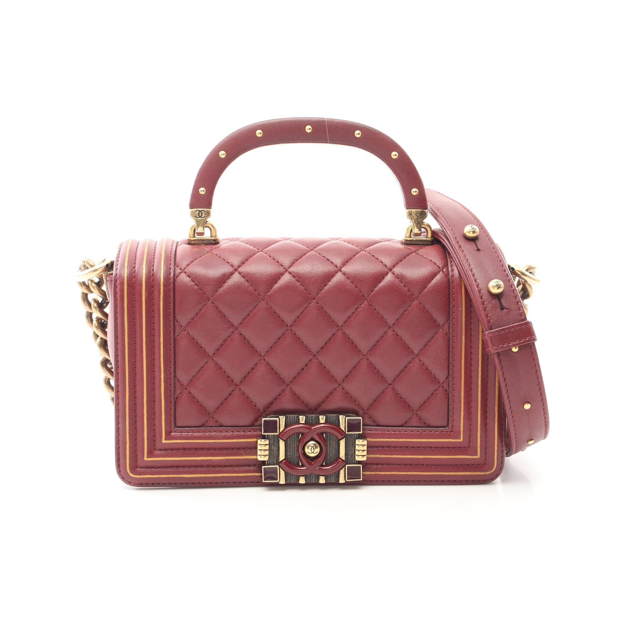 Chanel Boy Chanel Top Handle Flap Bag Chain Shoulder Lambskin Bordeaux Antique Gold Hardware in Red, Women's