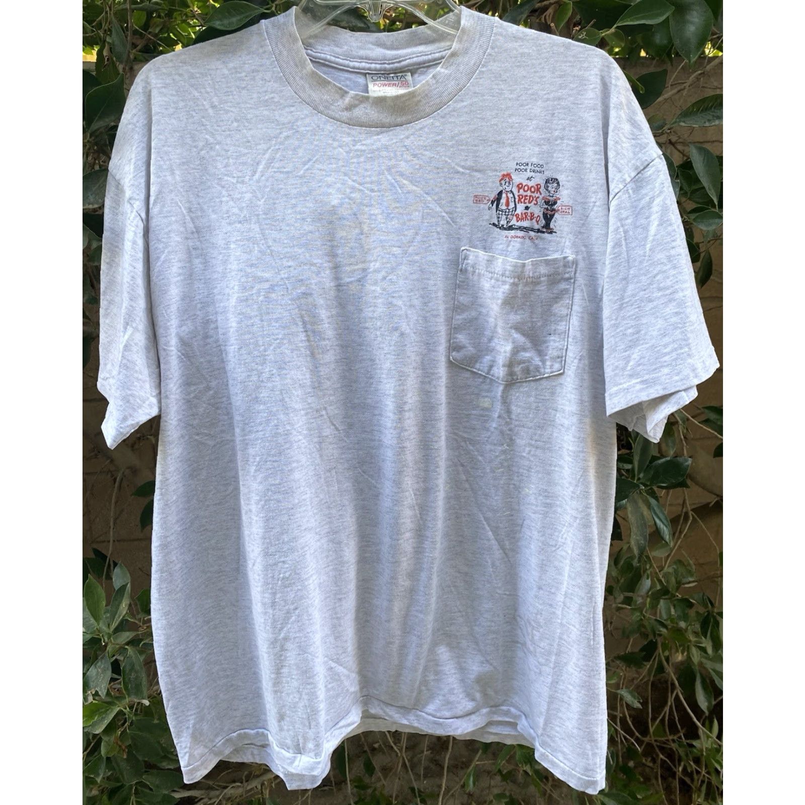 Vintage VINTAGE Oneita Poor Reds BarBQ 50 Golden Years Pocket Tee XL Red Mens T-Shirt California Cars 1990s Size US XL / EU 56 / 4 - 2 Thumbnail