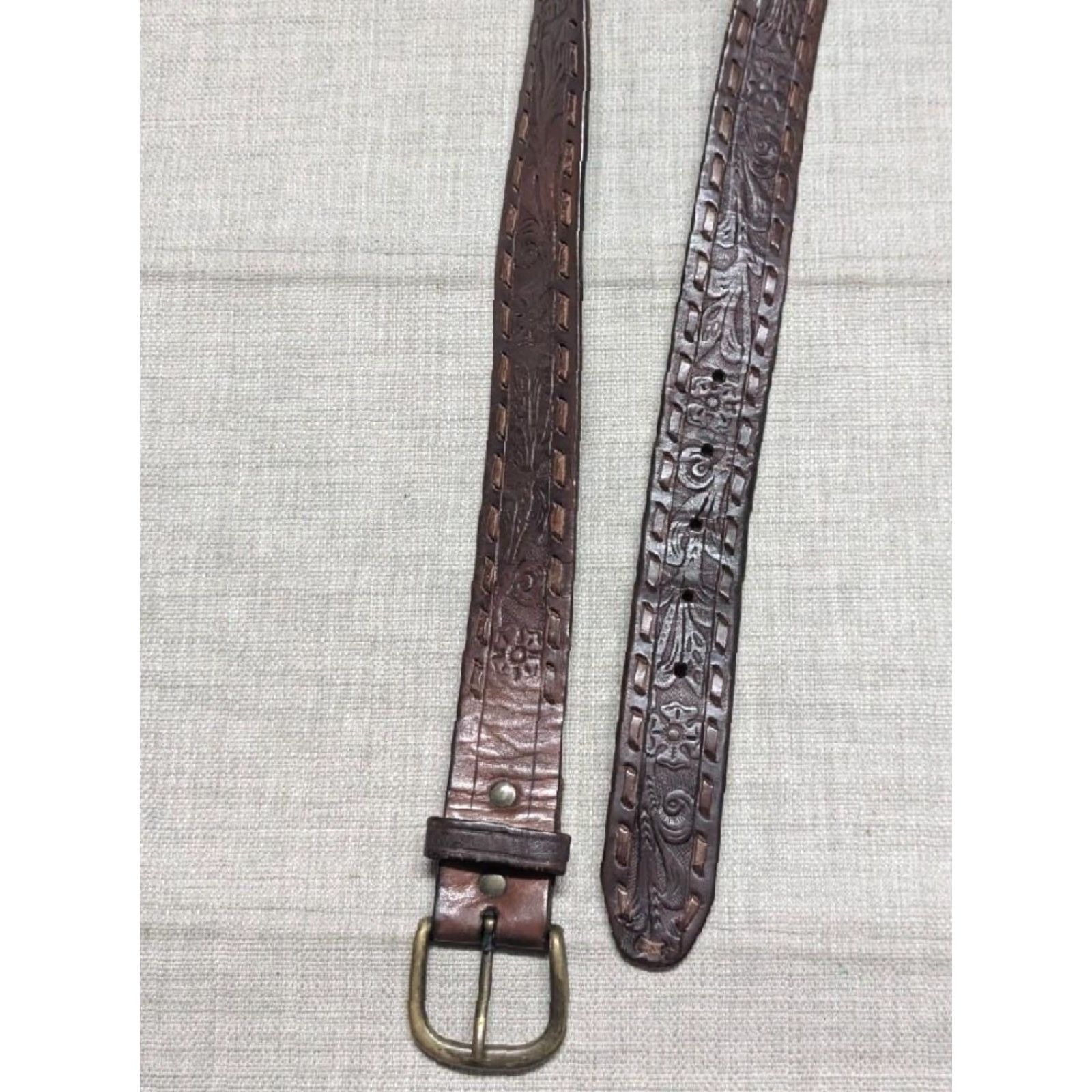 Vintage VINTAGE handcrafted western belt CF floral scroll cowhide leather 34 brown AE custom laced belt Mens Adults 34 brown vintage western belt Size 34 - 5 Thumbnail