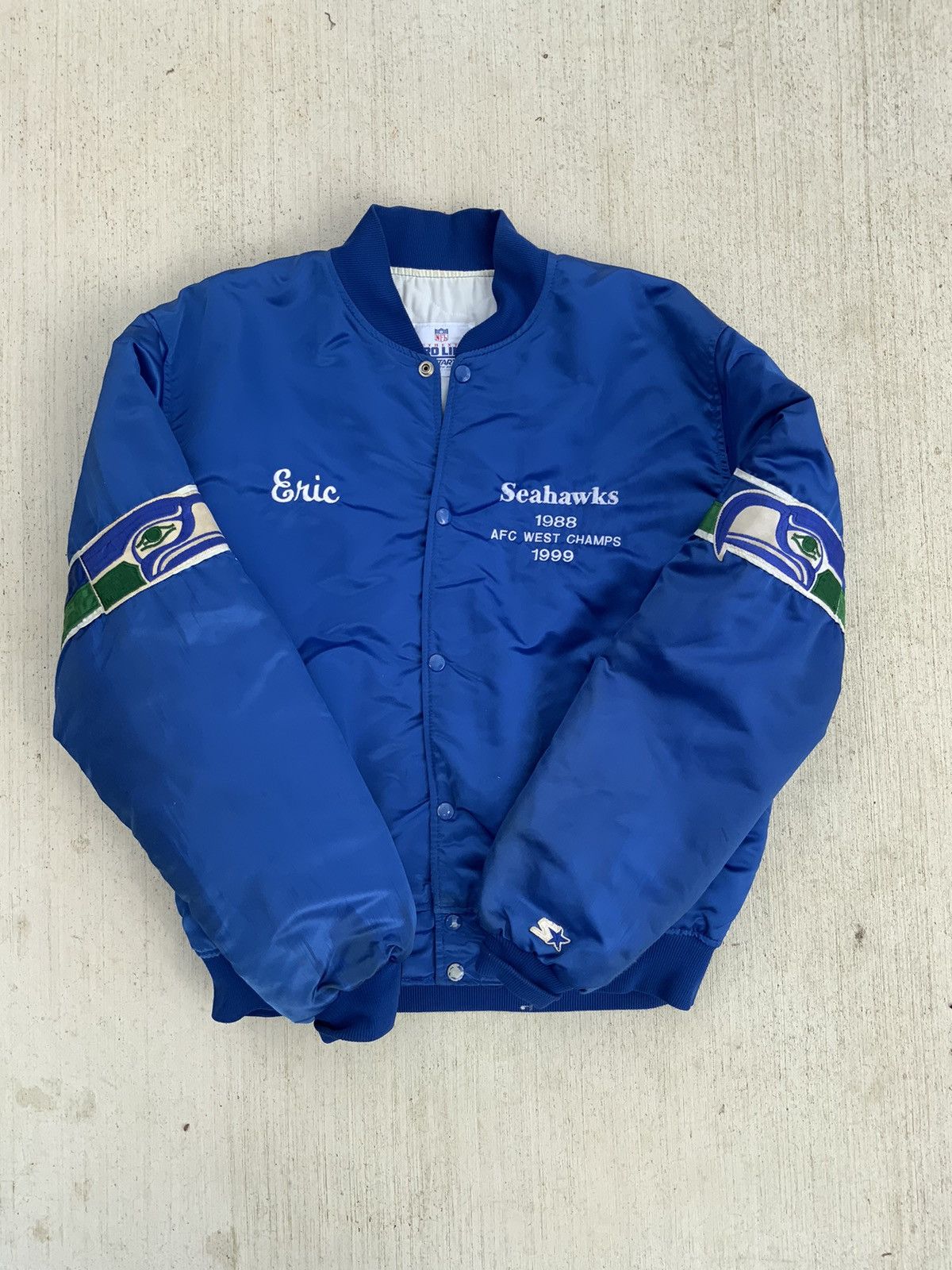 image of Nfl x Starter Vintage Seattle Seahawks Satin Starter in Blue, Men's (Size XL)