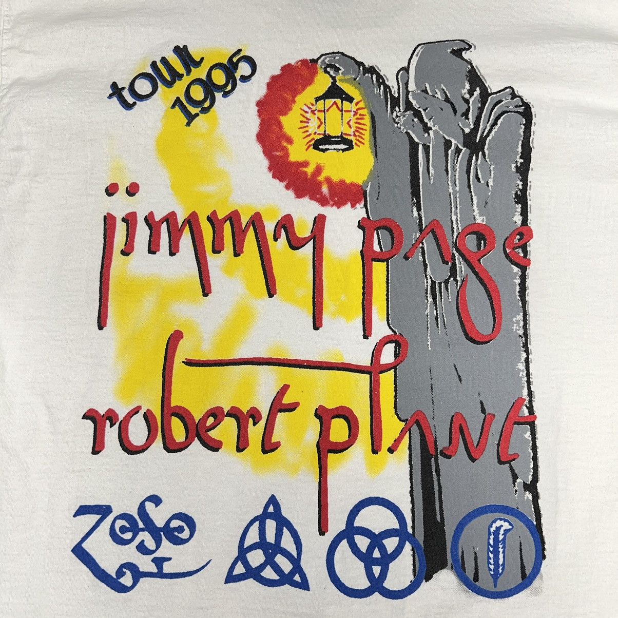 Band Tees × Vintage VTG Jimmy Page Robert Plant Tee Shirt White Tour Unledded Size US L / EU 52-54 / 3 - 12 Thumbnail