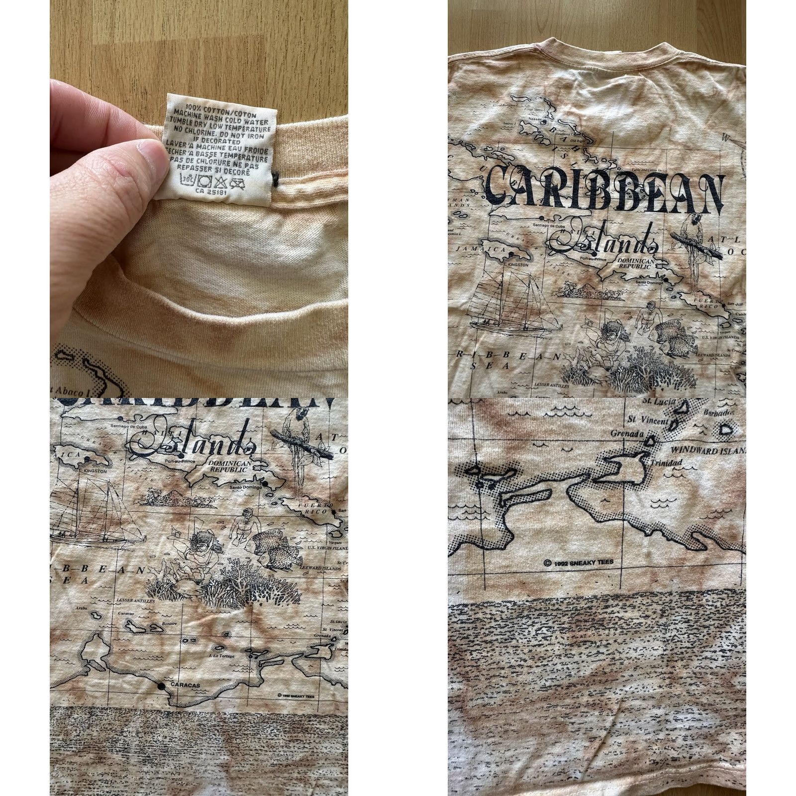 Gildan VINTAGE Caribbean Islands 1990s AOP Short Sleeve T-Shirt XL Beige Gildan Unisex Adults Crew Neck Casual Map 90s Beach Size US XL / EU 56 / 4 - 8 Thumbnail