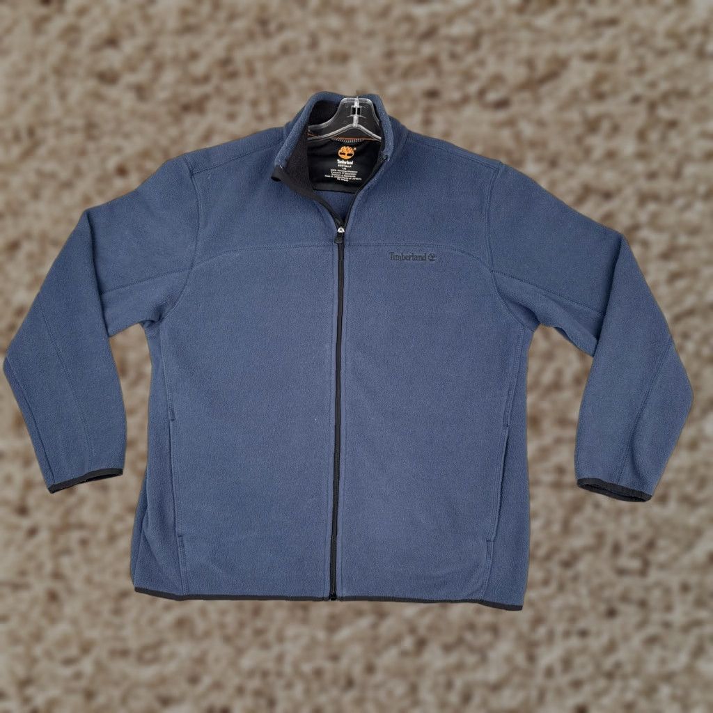 Timberland Jacket Mens Large Navy Blue Fleece Full Zip Stand Collar Embroidered Logo Tree Chest