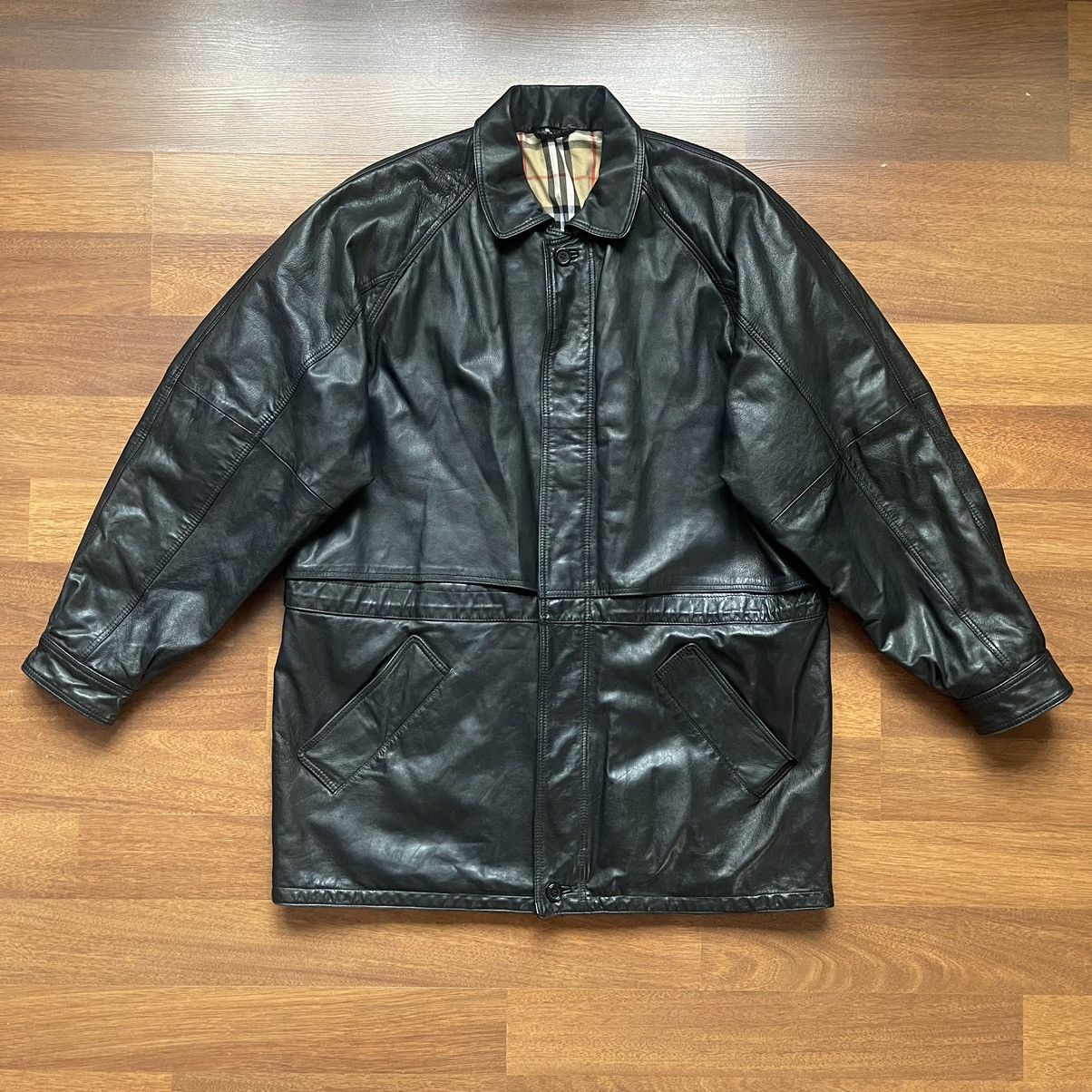 image of Burberrys Vintage Check Leather Jacket Size 54 in Black, Men's