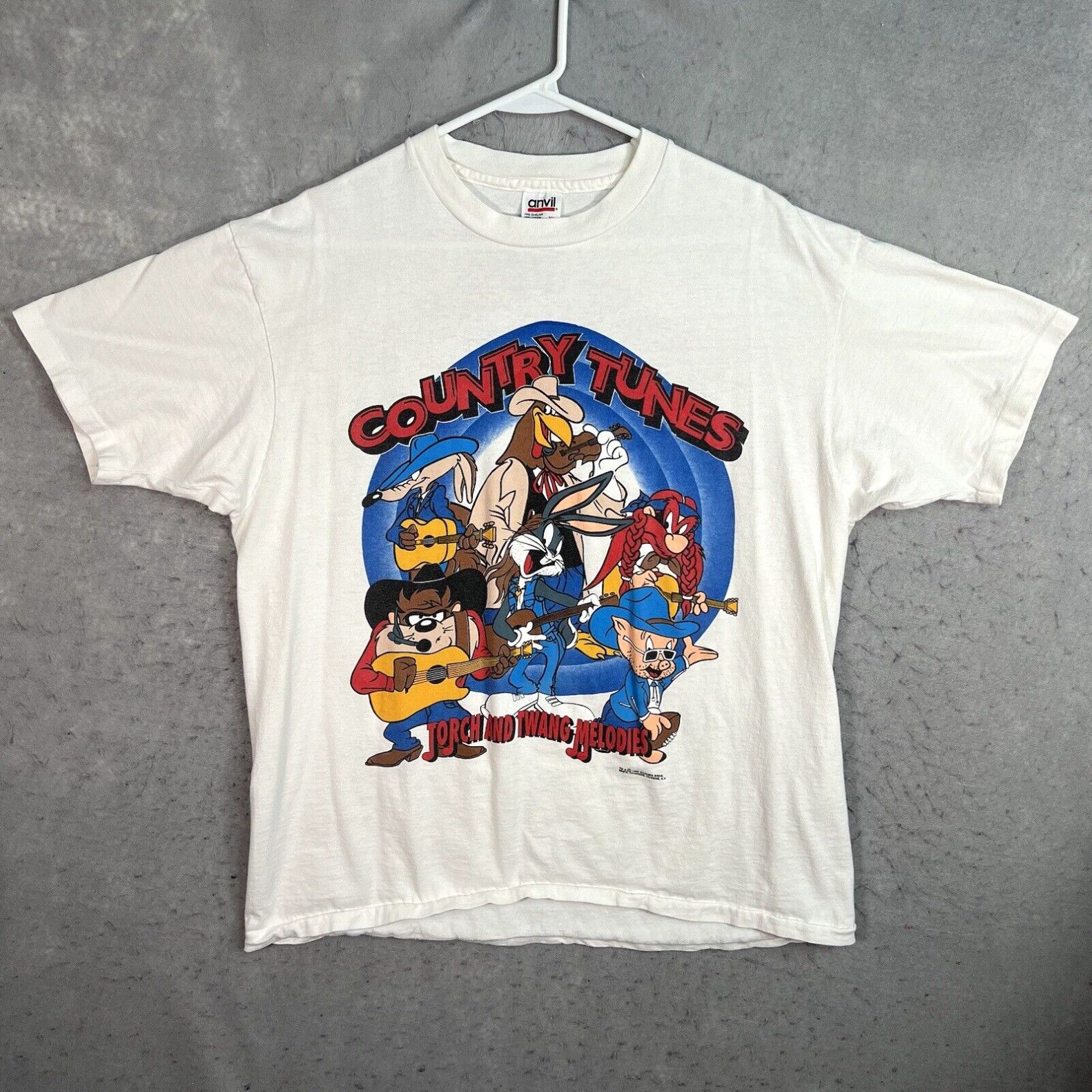 image of Anvil Vintage 90's 1992 Warner Looney Tunes Country Music T Shirt Adult XL White Mens