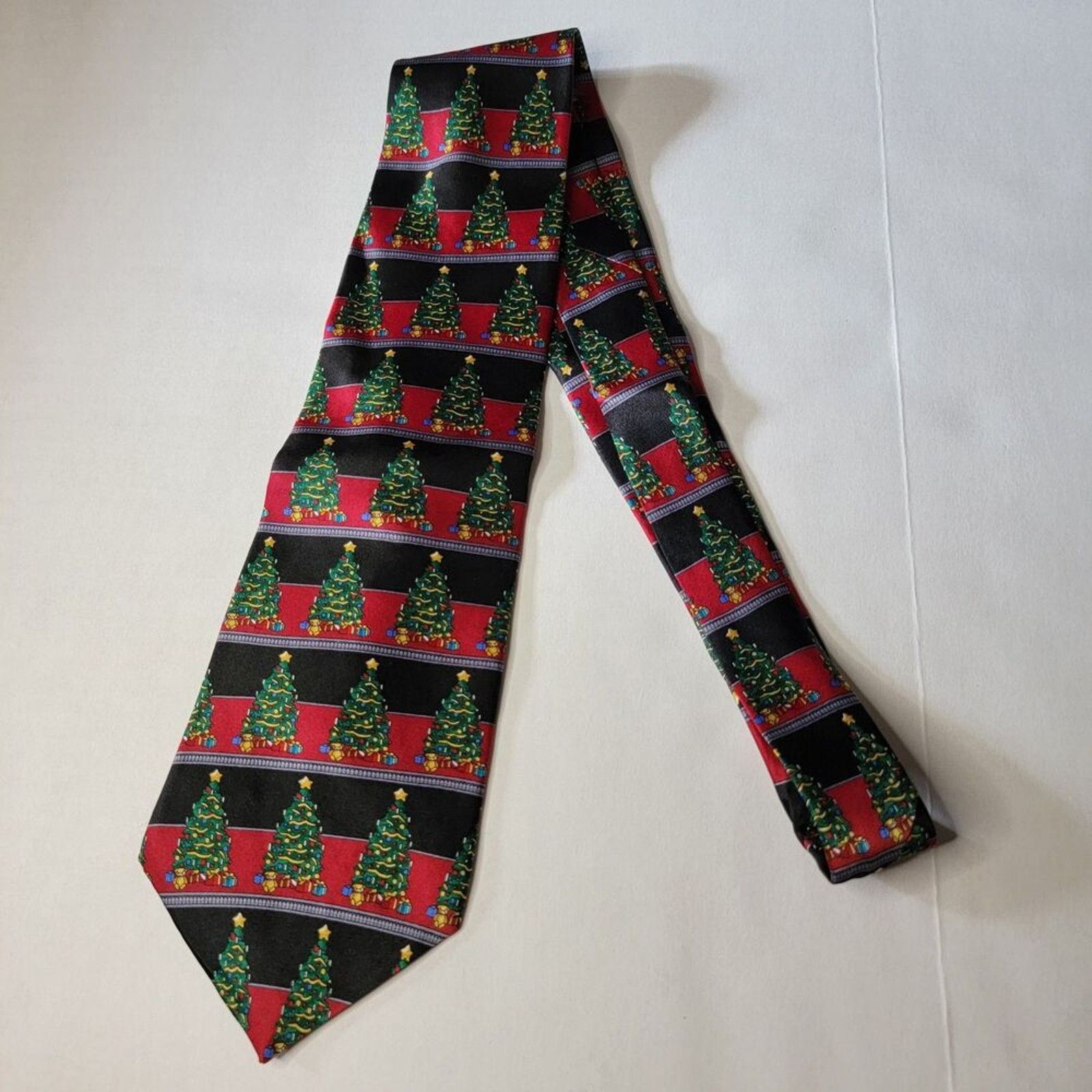 Other Christmas Tie Trees Black & Red Stripes Imported 100% Silk Size ONE SIZE - 3 Thumbnail