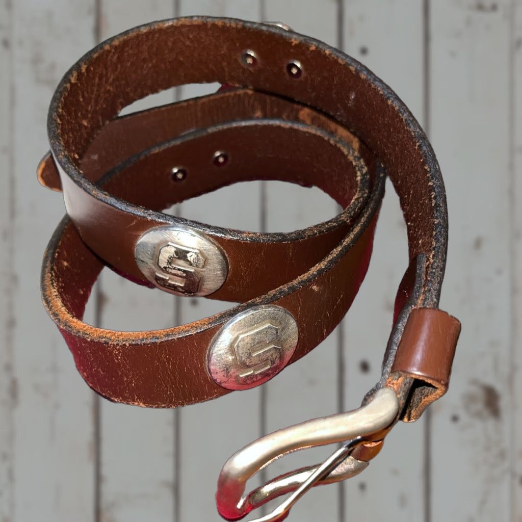 Vintage Michigan State Spartans Leather Belt 33-37 Men Brown Silver Conchos Mexico Size 32 - 1 Thumbnail