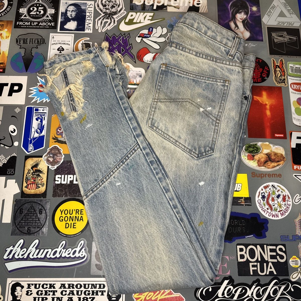Rhude Slim-Fit Distressed Paint Splattered Denim Jeans Sz 28