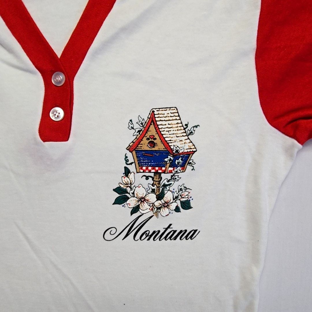 Vintage Vintage Montana Raglan Shirt Red White Le Riche S Tee 90s Size S / US 4 / IT 40 - 2 Thumbnail
