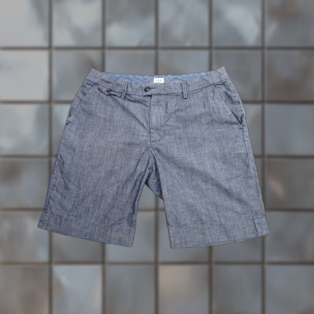 Vintage S.K.U. Mens Shorts 32 Blue Chambray 100% Cotton Flat Front Casual Made USA - Denim Chino Inseam 8" Front Zip Fly Pockets Above-Knee Mens Size US 32 / EU 48 - 1 Thumbnail