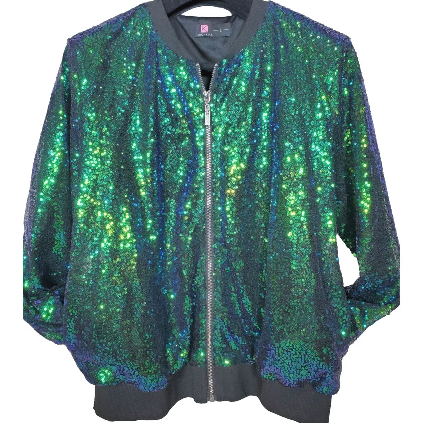 Vintage Kancy Kole Green Sequin Front Zip Long Sleeve Party Bomber Jacket Women's L Size L / US 10 / IT 46 - 6 Thumbnail