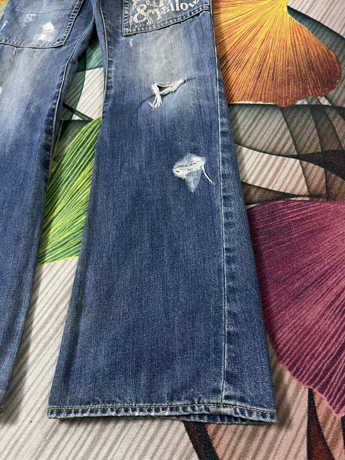 Japanese Brand 💥Twist Leg💥Purple & Yellow Distress Backle Back Flare Jean Size US 31 - 8 Thumbnail