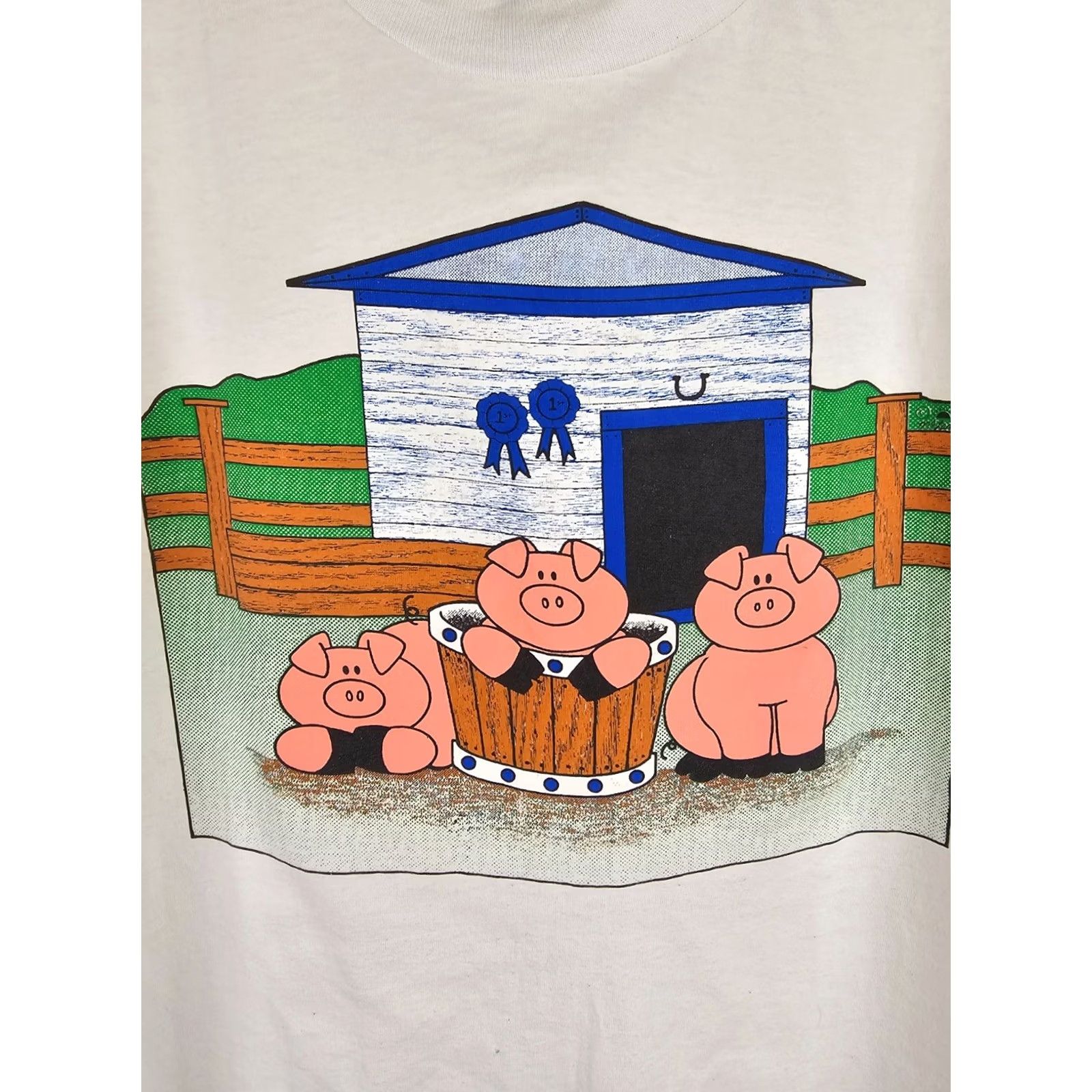 Fruit Of The Loom VINTAGE 90' FARM PIG BARN GRAPHIC FUNNY ANIMAL CARTOON WHITE T-SHIRT SZ L RETRO Size US L / EU 52-54 / 3 - 2 Thumbnail