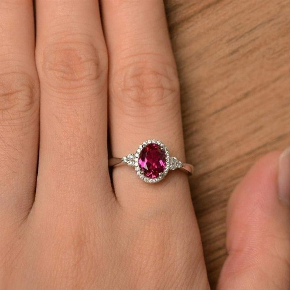 Designer 925 Sterling Silver Oval Ruby Red Halo Ring - Size 6 Size ONE SIZE - 4 Thumbnail
