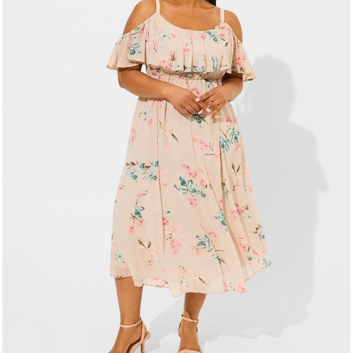 Torrid Torrid Tea Length Floral Chiffon Cold Shoulder A-Line Dress Size XXL / US 16-18 / IT 52-54 - 1 Thumbnail
