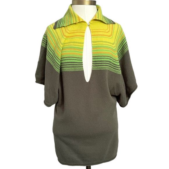 Benetton Funky Keyhole Collared Wool Knit Short Sleeve Tunic Sweater Size L / US 10 / IT 46 - 2 Thumbnail