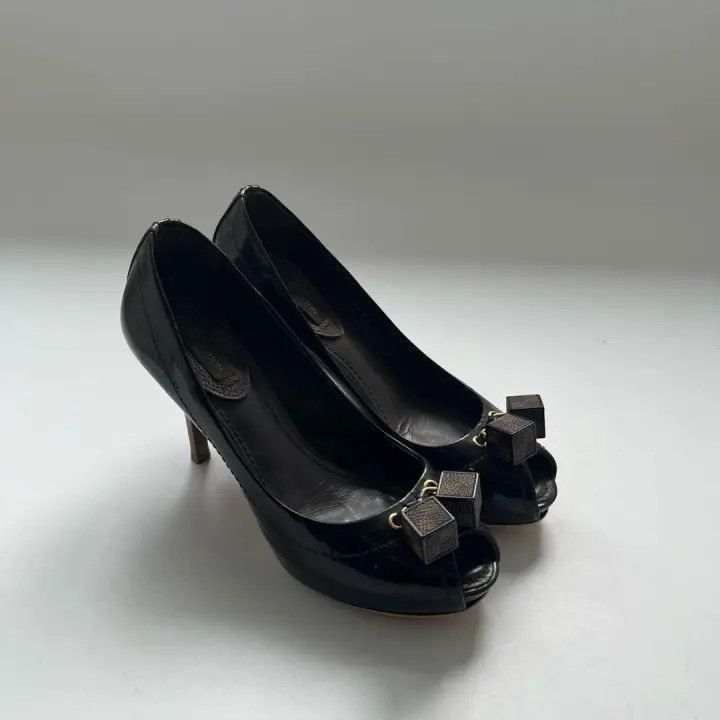 Louis Vuitton Louis Vuitton Black Checkered Peep-Toe Heels -2508 Size US 4 / IT 34 - 8 Thumbnail