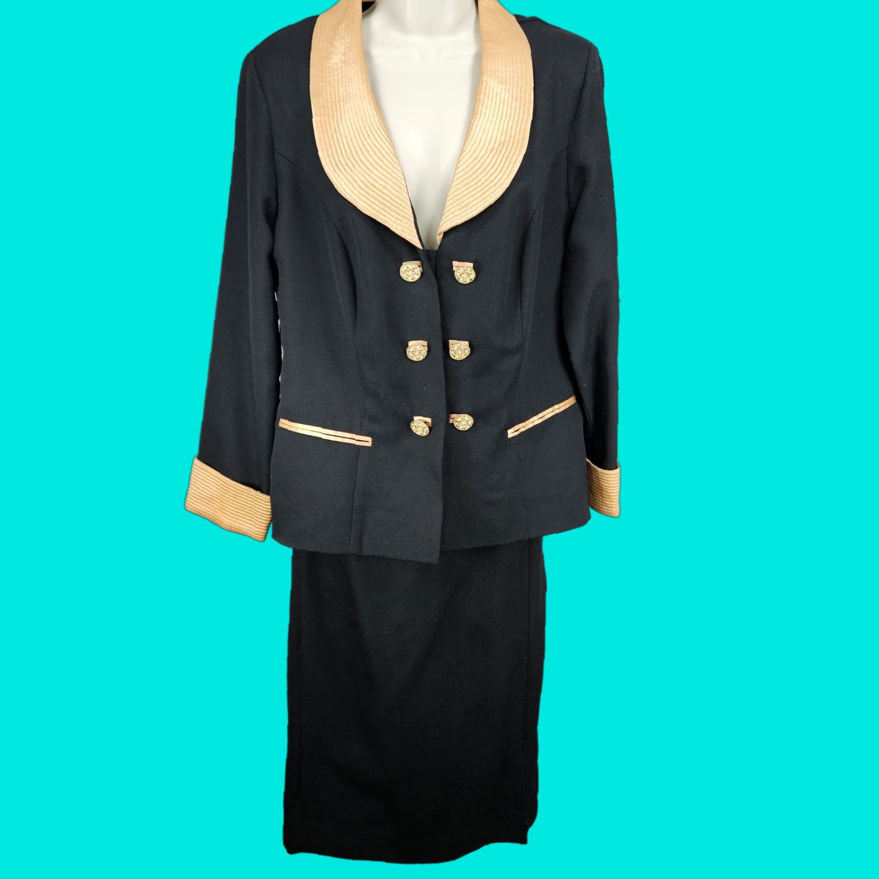 Vintage VINTAGE Roaman's Black Gold Skirt Suit Set 2 Piece Double Breasted Jacket Medium M Womens Size 32" / US 10 / IT 46 - 1 Thumbnail