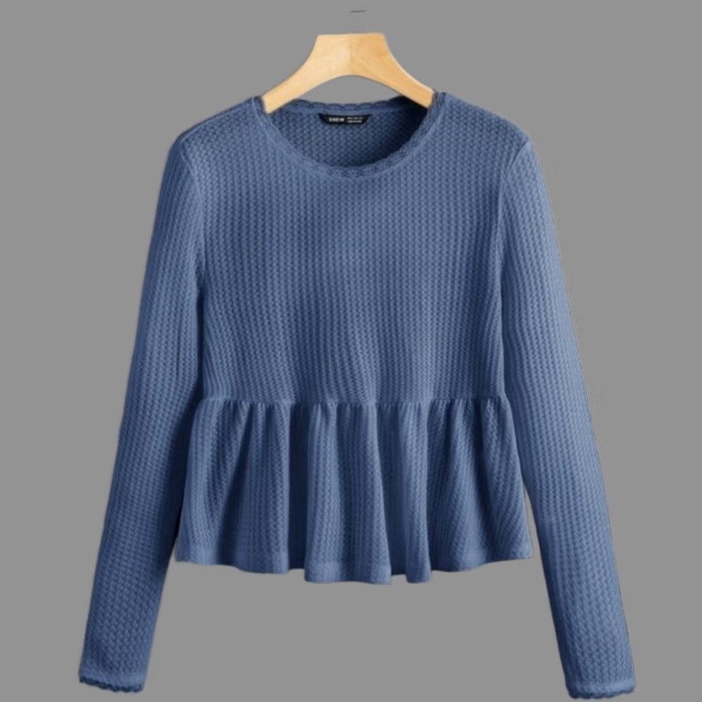 Shein SHEIN Waffle Knit Long Sleeve LARGE Blouse Women Blue Round Neck Cropped Knit Shirt L Size L / US 10 / IT 46 - 1 Thumbnail