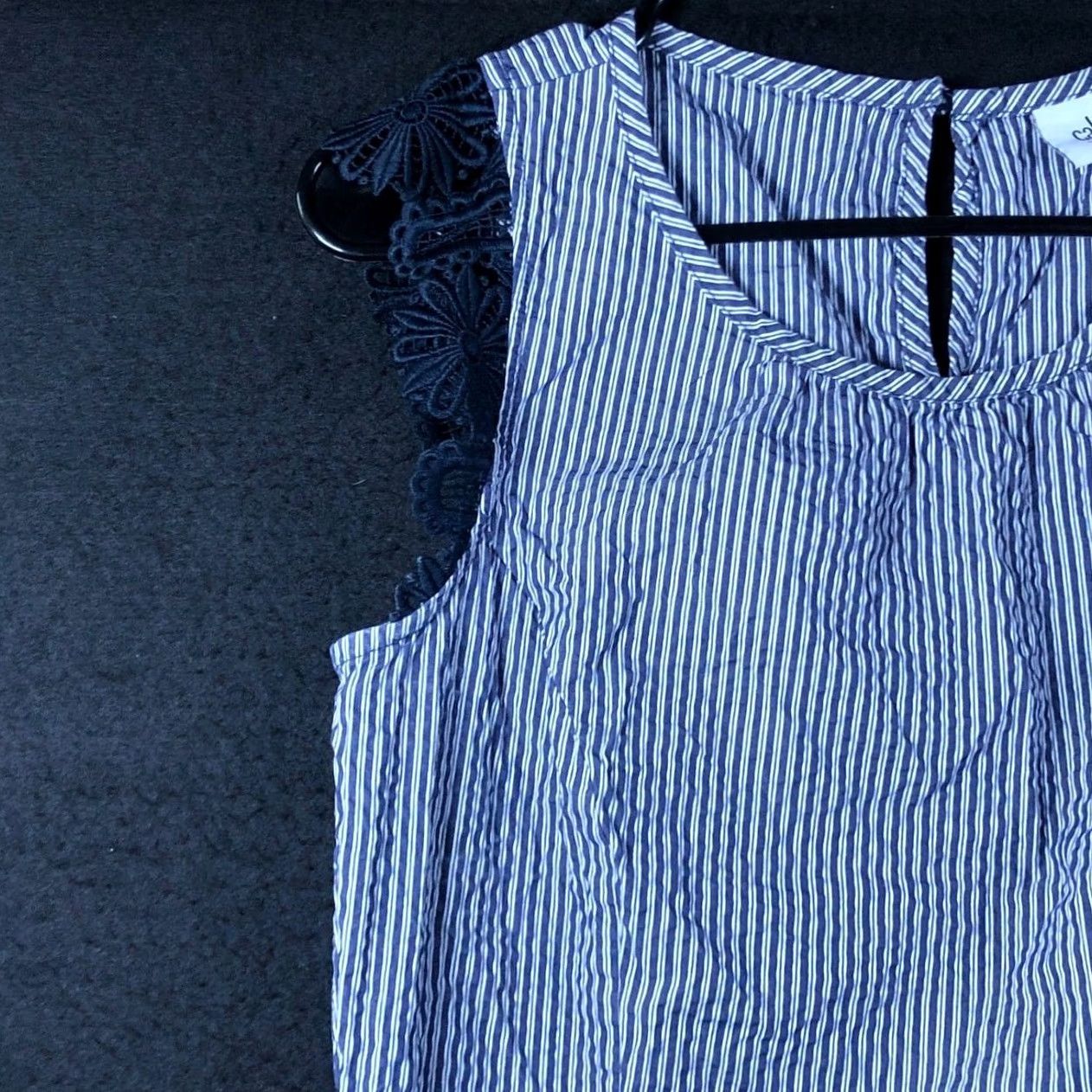 Vintage CAbi Blouse Blue White Striped Crew Flutter Lace Sleeve Peplum Stretch S Womens Shirt Size S / US 4 / IT 40 - 4 Thumbnail
