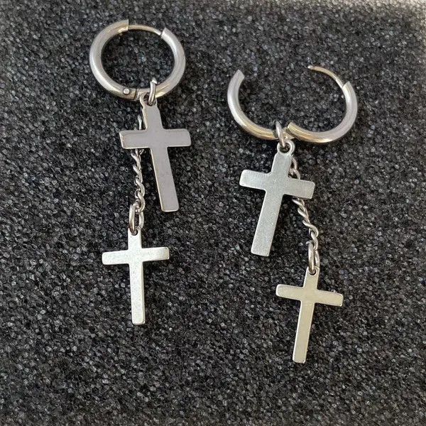 Designer × Jewelry Stainless Steel Cross Dangle Drop Earrings for Men Women Size ONE SIZE - 3 Thumbnail