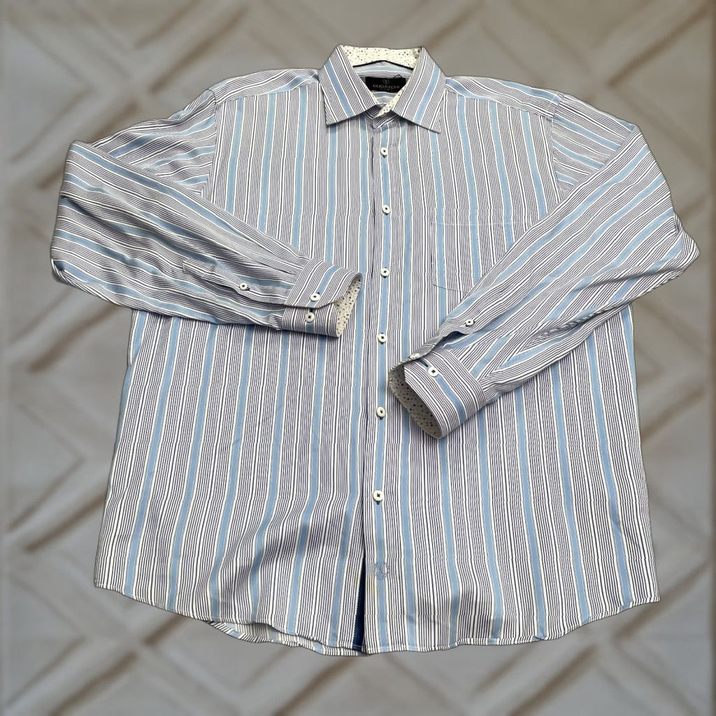 BUGATCHI VINTAGE Bugatchi Uomo Dress Shirt Mens XL Long Sleeve Cotton Blue Striped Business Casual Formal Size 46R - 1 Thumbnail