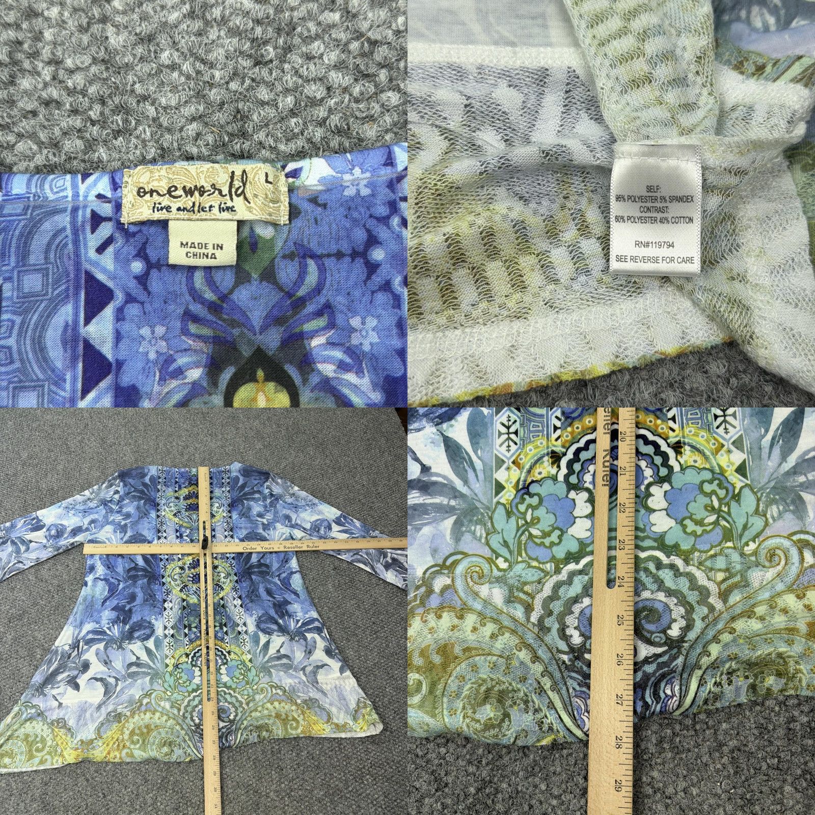 Vintage OneWorld Shirt Womens Large Blue Floral Rhinestone Tunic Top 3/4 Sleeve Stretch Size L / US 10 / IT 46 - 8 Thumbnail