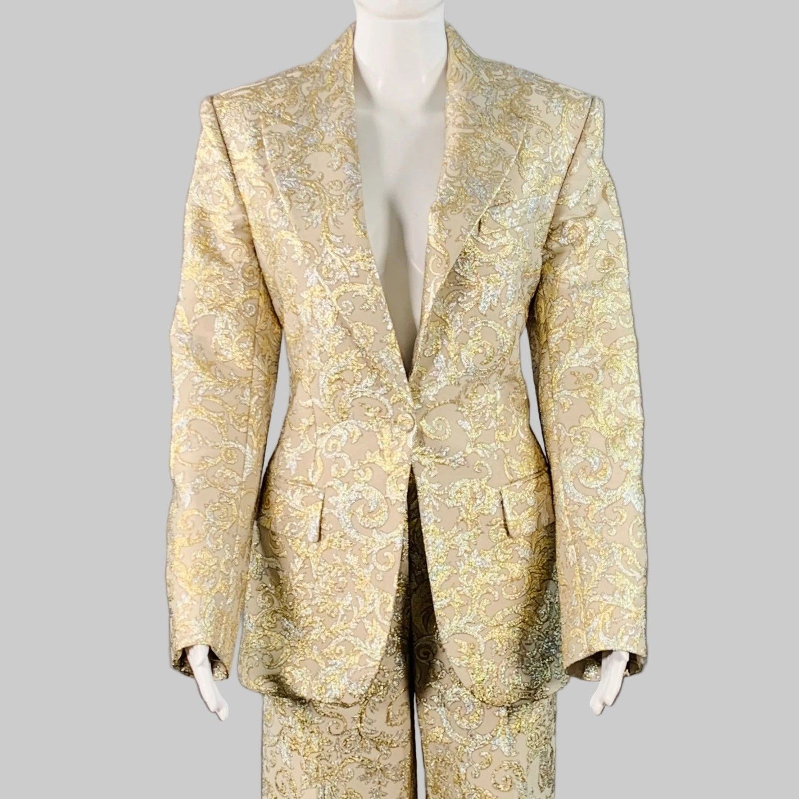 Stella McCartney Metallic Gold Silver Polyamide Jacquard Peak Lapel Pantsuit Size 26" / US 2 / IT 38 - 1 Thumbnail