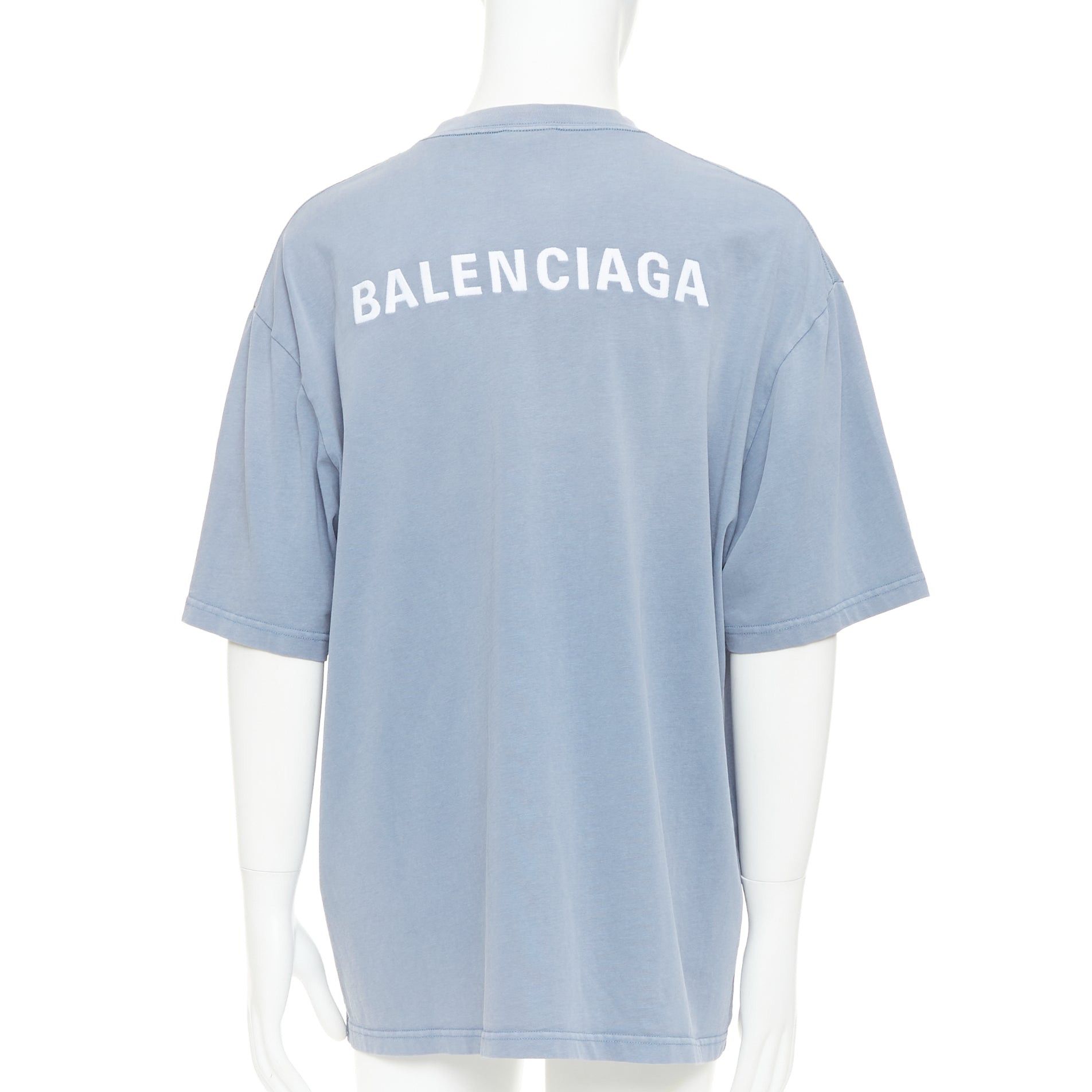 Balenciaga BALENCIAGA 2020 100% wool washed blue logo print crew neck oversized tshirt M Size US M / EU 48-50 / 2 - 1 Thumbnail