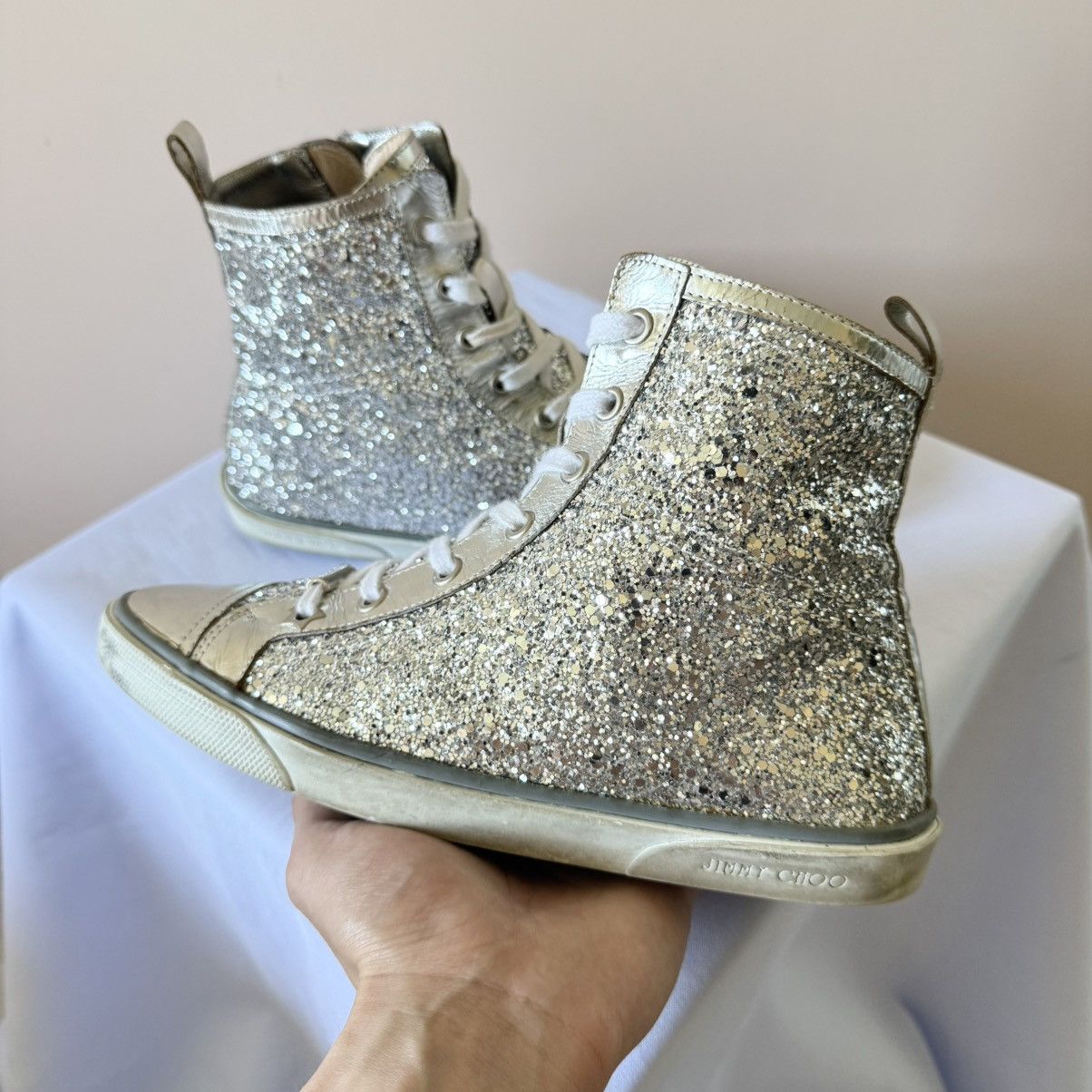 Jimmy Choo Jimmy Choo Silver Glitter High Top Sneakers Shoes Size US 7.5 / IT 37.5 - 7 Thumbnail