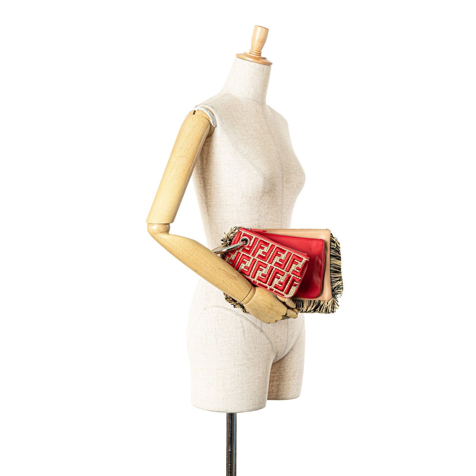 Fendi Zucca Leather And Raffia Triplette Clutch