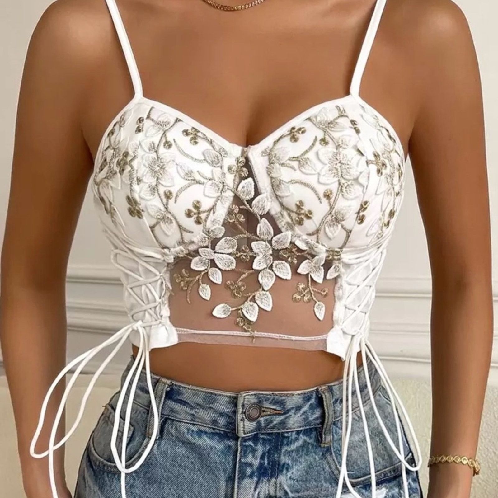 Other New Y2K Chic White Floral Lace-Up Crop Top size S Size S / US 4 / IT 40 - 3 Thumbnail