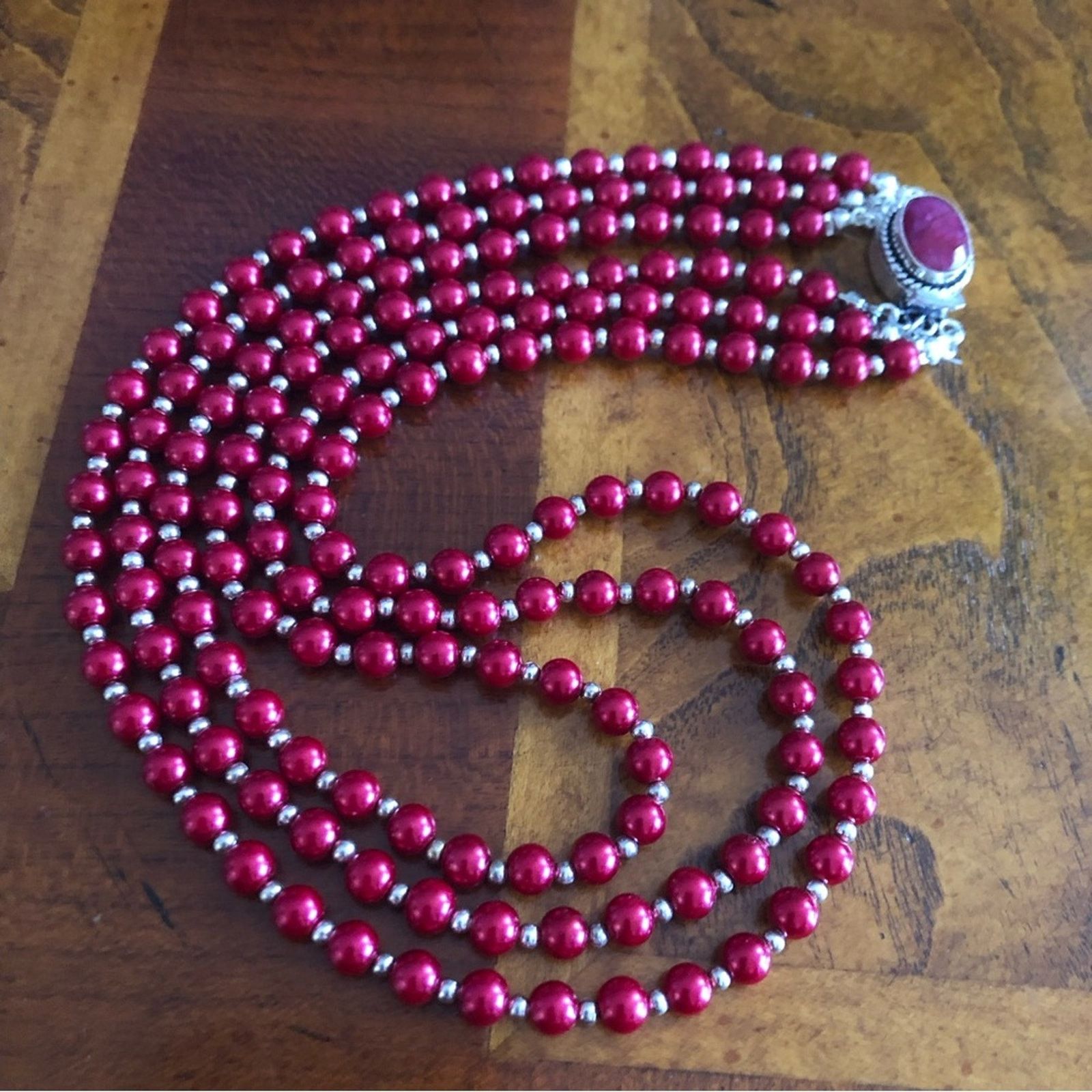 Handmade Handcrafted triple strand red Pearl genuine ruby cneckla Size ONE SIZE - 10 Thumbnail